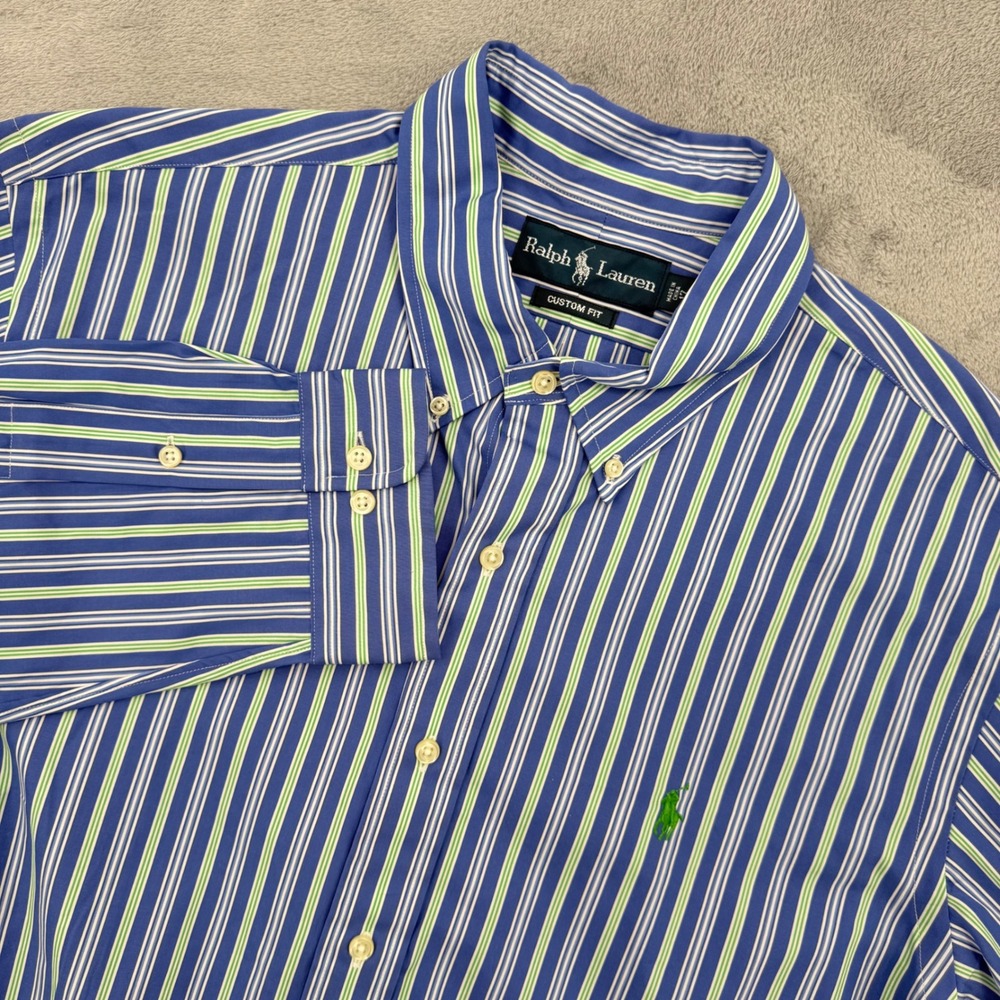 Ralph Lauren Mens Custom‎ Fit Striped Button Down Shirt Blue Green Size 17 34/35